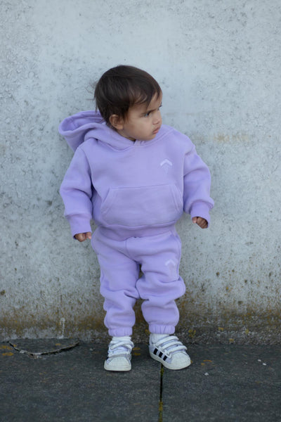 boy wearing loungewear set in lavender